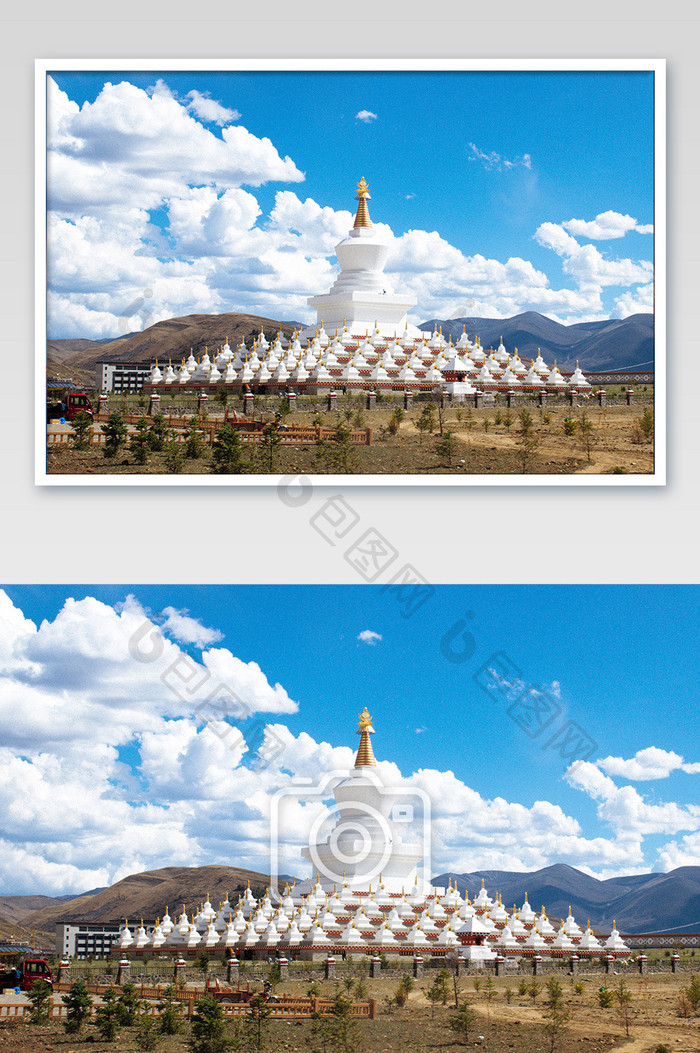 甘孜藏区白塔蓝天白云美景摄影图片