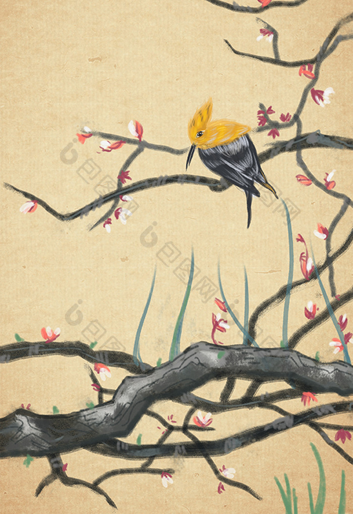 水墨工笔梅花黄鹂鸟落枝头插画图片