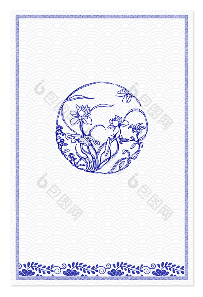 蓝色小清新中式花朵青花瓷背景