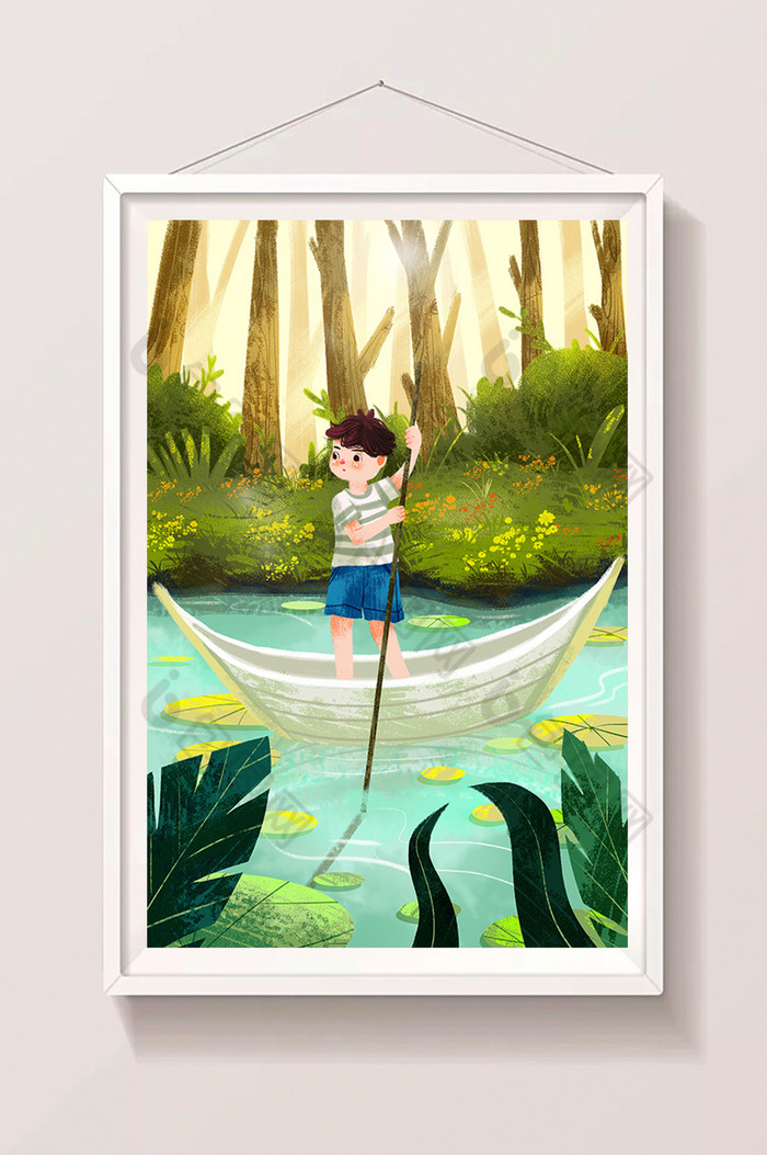 夏日大暑节气丛林河流男孩划船插画图片图片