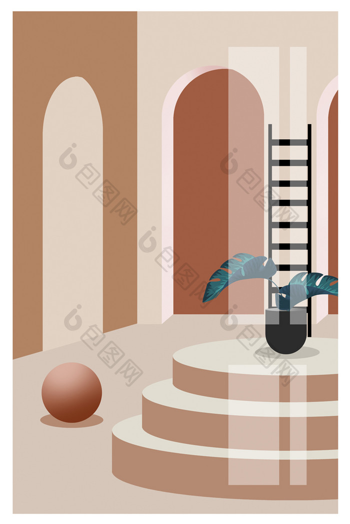 北欧莫兰迪暖色系立体建筑植物客厅装饰画