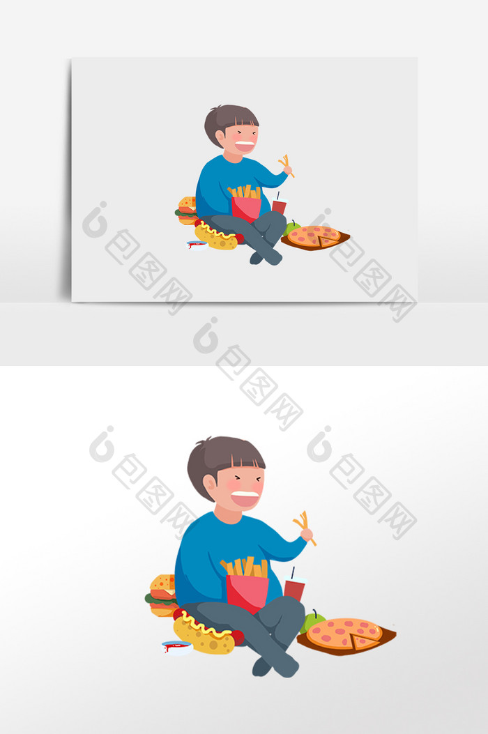 手绘暴饮暴食疯狂狂吃男孩插画