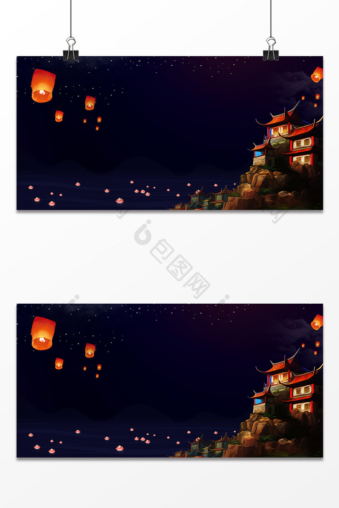 中元节祭祖河灯孔明灯古建筑图片图片