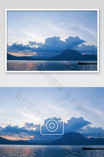 湖面渔船远山生态休闲蓝天白云落日图片