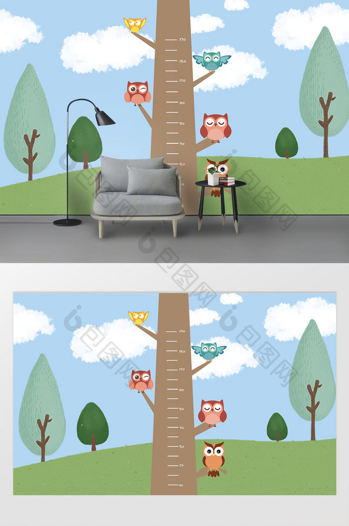 卡通森林猫头鹰身高尺儿童房墙贴装饰