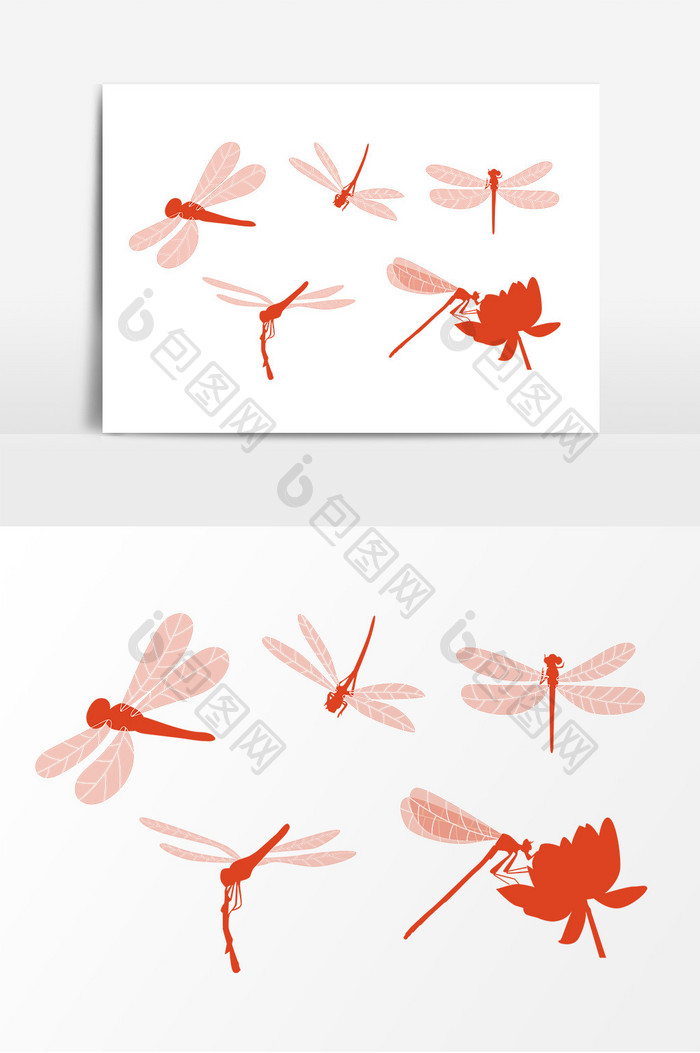 卡通红色蜻蜓剪影元素
