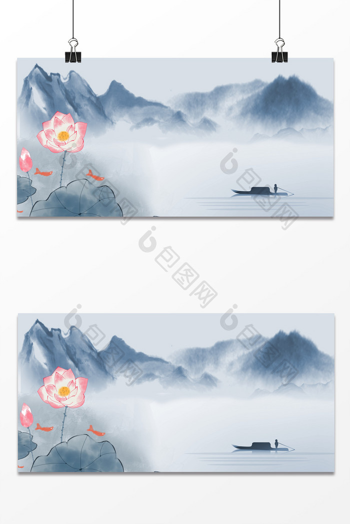 复古中国风青花瓷山水画背景