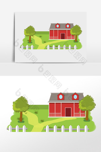 手绘绿色农场农庄建筑插画图片