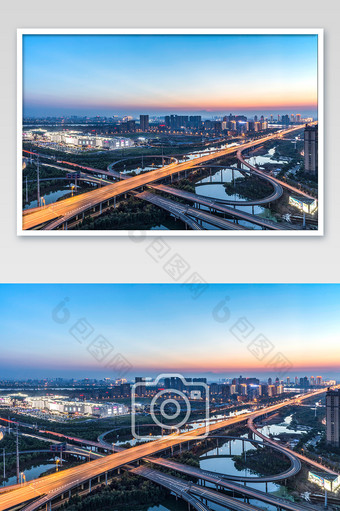 夕阳下城市建筑高架桥摄影图片