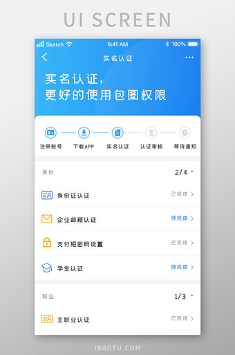蓝色时尚实名认证步骤进度UI移动界面图片