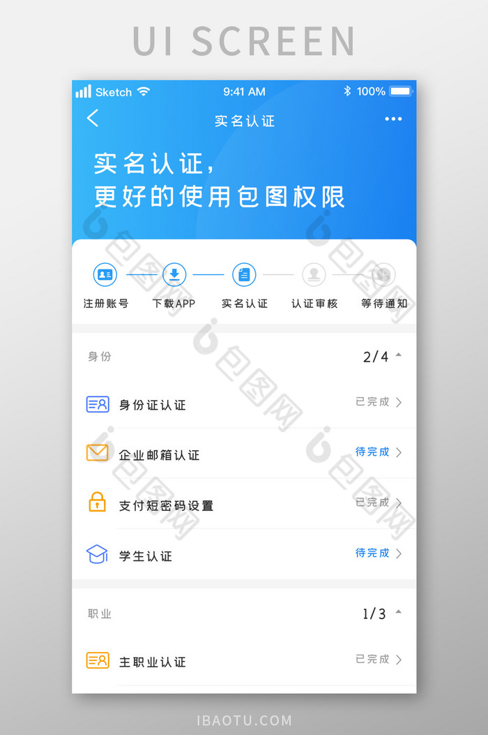 蓝色时尚实名认证步骤进度UI移动界面图片图片