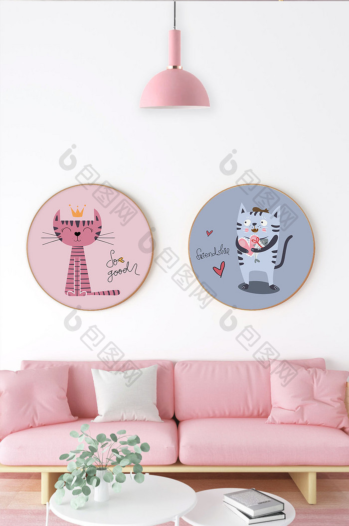 北欧风格莫兰迪色卡通小猫粉色蓝色装饰画
