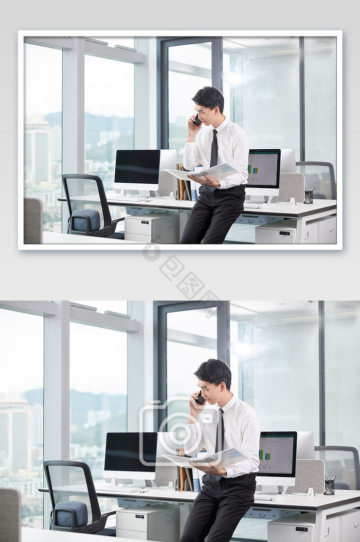 商务办公室团队办公白领轻靠办公桌打电话图片