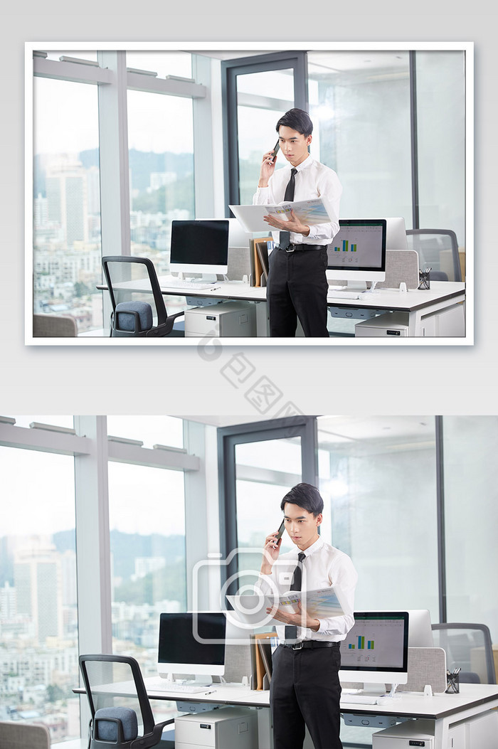 商务办公室团队办公白领站立打电话看文件图片
