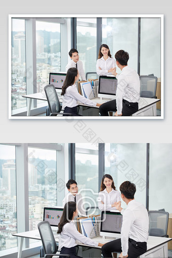 商务办公室团队办公白领四人倚靠办公桌交谈图片