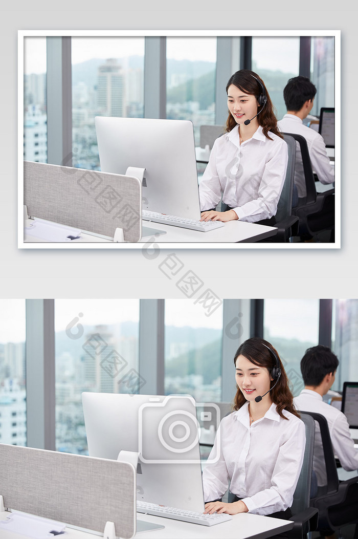 商务办公室团队办公白领女客服电脑办公图
