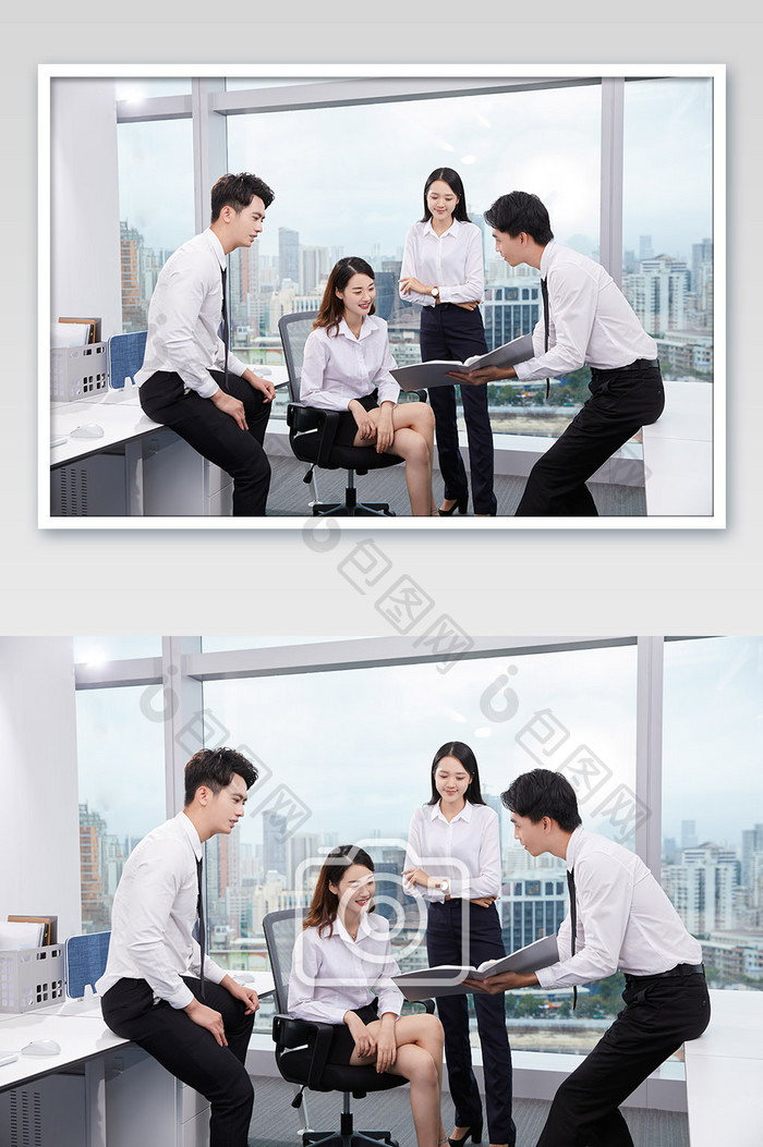 商务办公室团队办公白领四人抱文件交流图