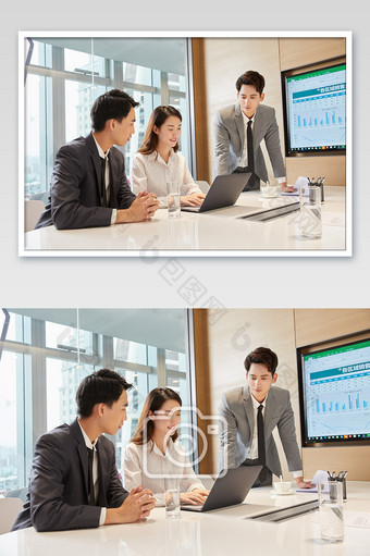 商务办公室团队办公白领会议三人看电脑图图片