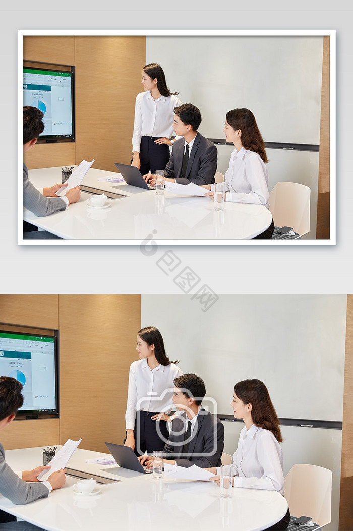 商务办公室团队办公白领会议一人撑腰站立图片