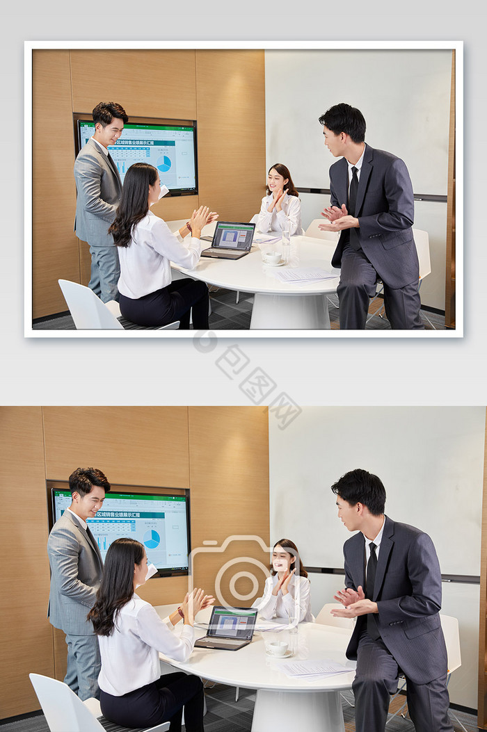 商务办公室团队办公白领会议靠桌鼓掌图片