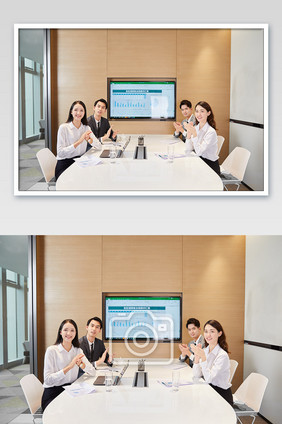 商务办公室团队办公白领会议多人侧身鼓掌