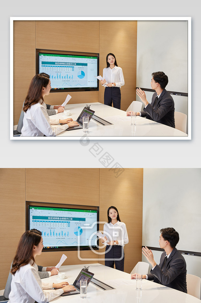 商务办公室团队办公白领会议抱文件举手示意图片