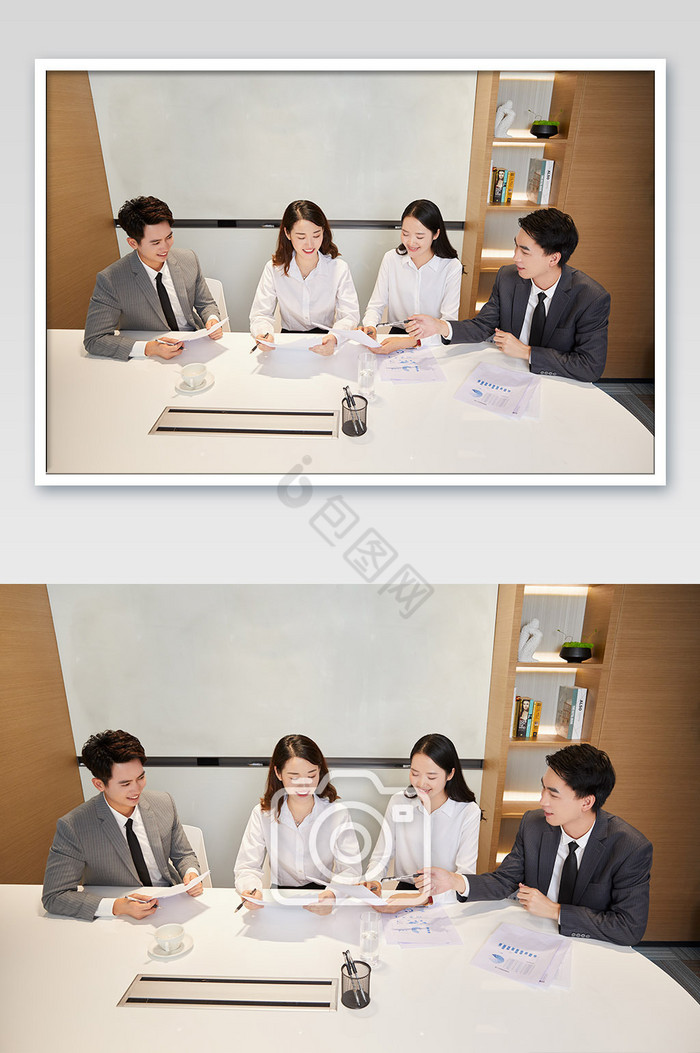 商务办公室团队办公白领会议四人并排看文件图片