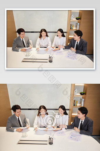 商务办公室团队办公白领会议四人并排看文件图片