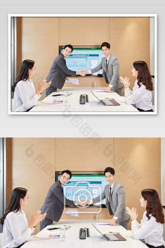 商务办公室团队办公白领会议握手合作微笑图片