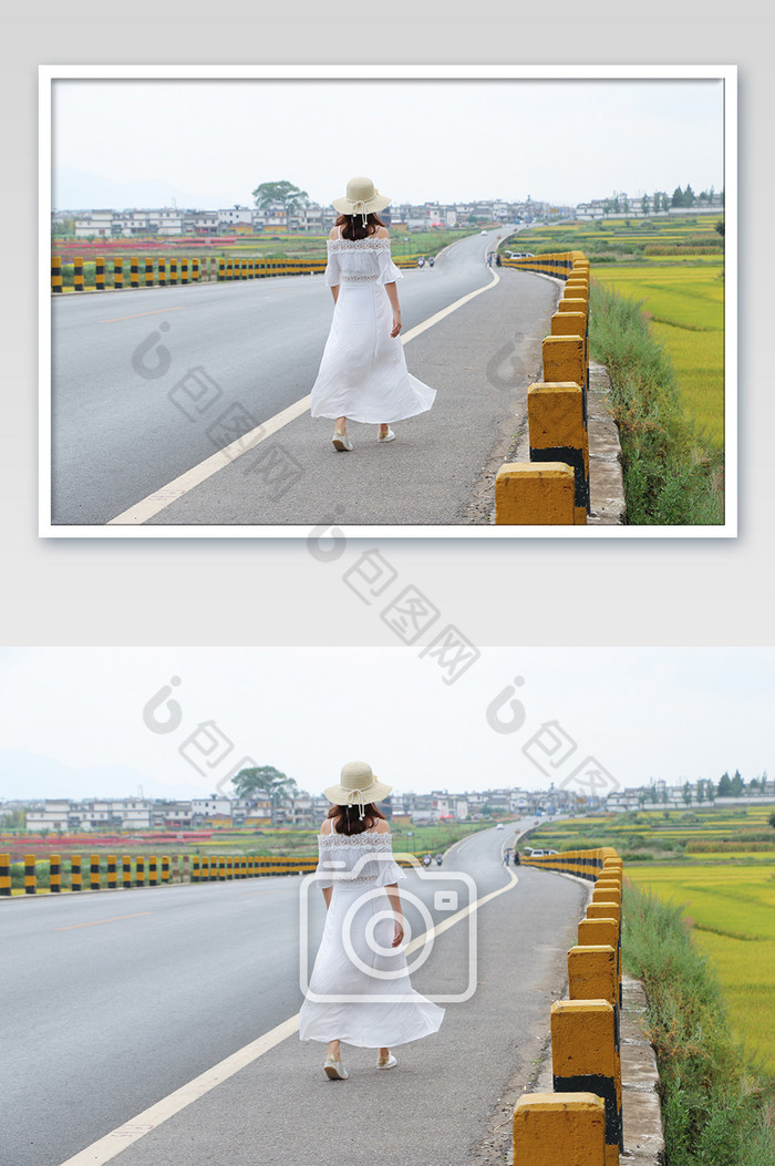 云南昆明油菜花公路白裙女孩摄影图图片图片