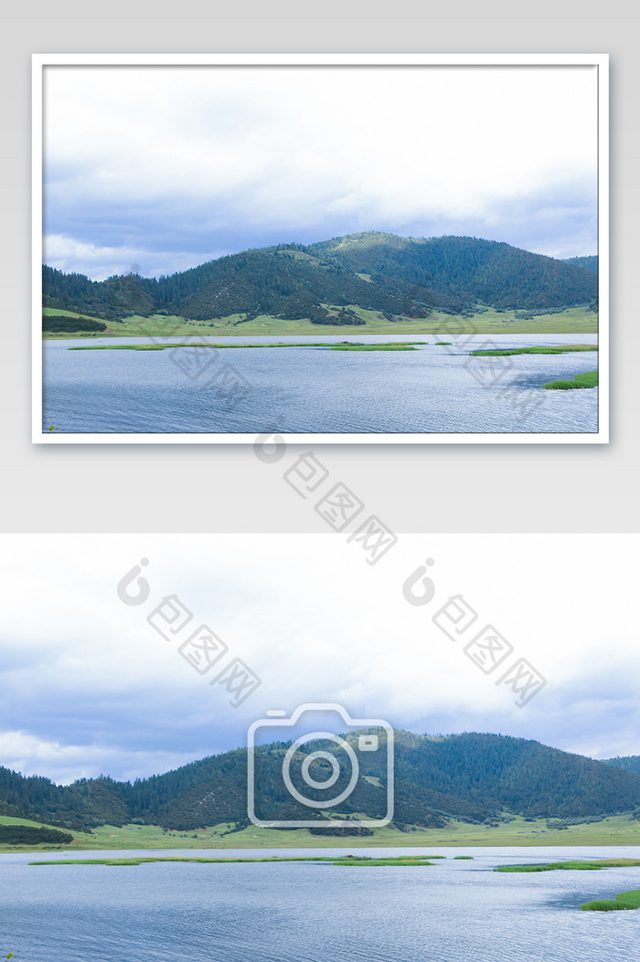 香格里拉普达措公园阴天湖水摄影图