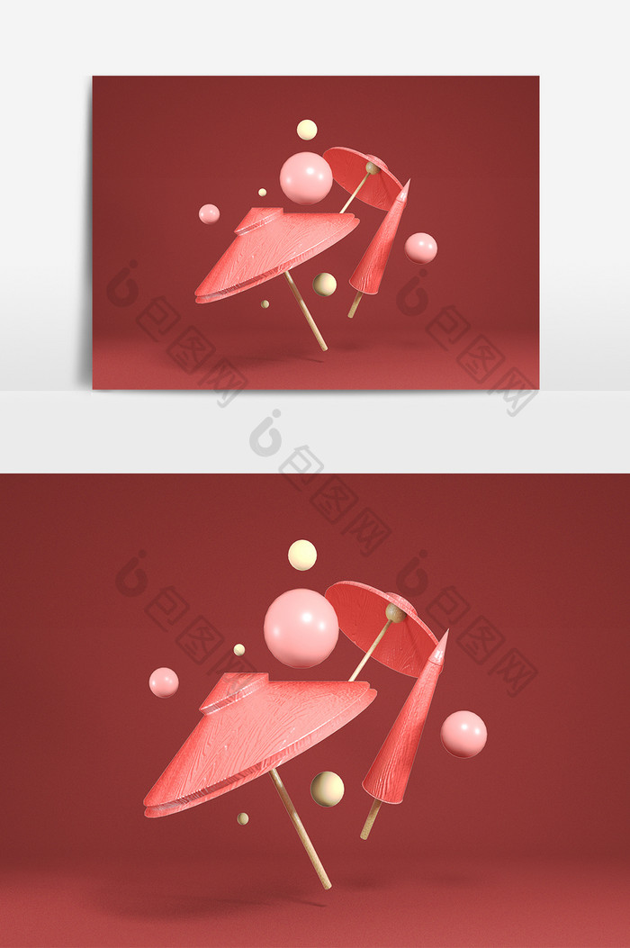 C4D红色简约大气中国风装饰伞元素
