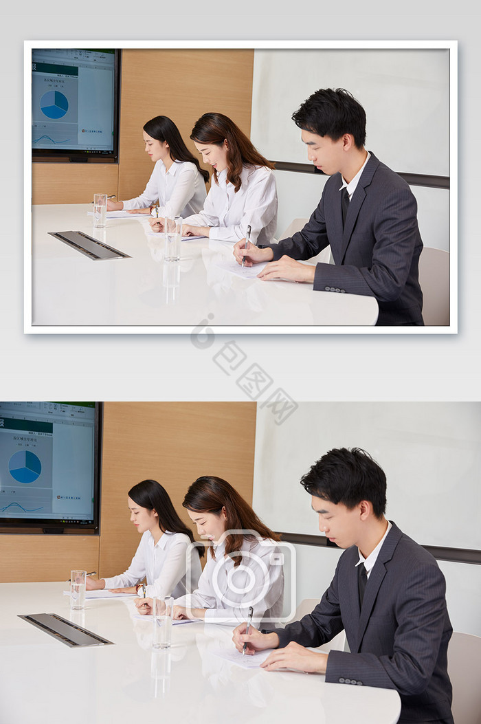 商务办公室团队办公白领多人做会议记录侧面图片
