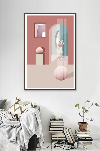 现代莫兰迪粉色系立体空间几何客厅装饰画图片