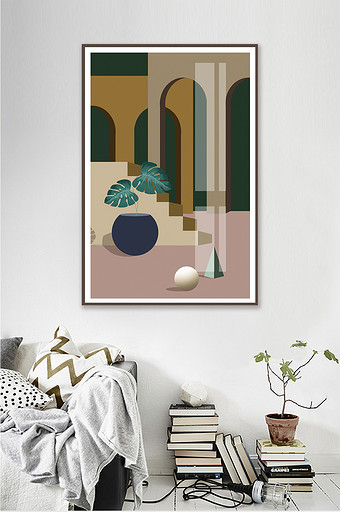 简欧现代几何透视立体建筑植物客厅装饰画图片