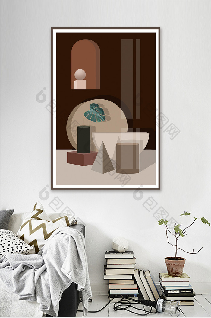北欧高端深色系熟褐几何立体建筑客厅装饰画