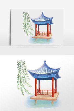 手绘中国风古风建筑凉亭插画