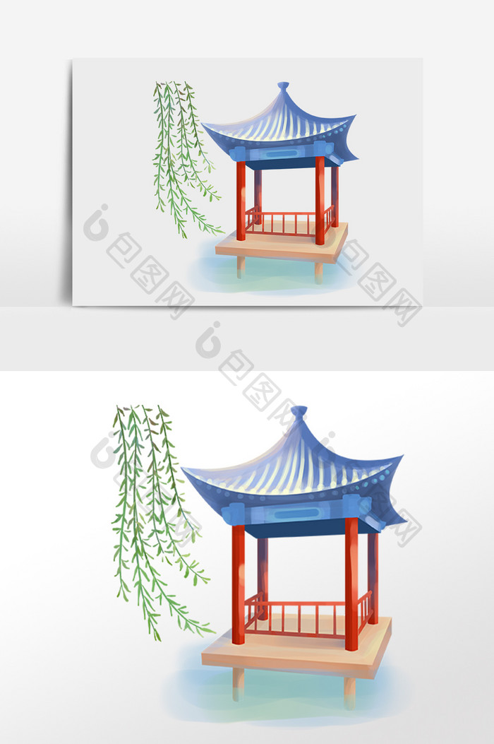 手绘中国风古风建筑凉亭插画