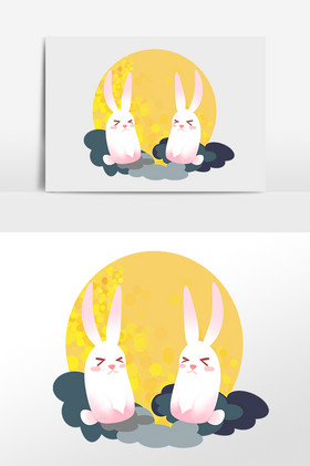 手绘中秋节一对赏月玉兔插画