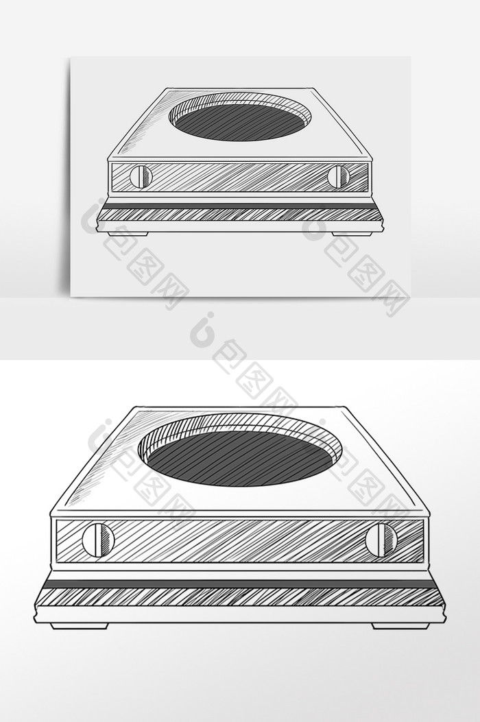 手绘黑色线描厨具电磁炉插画