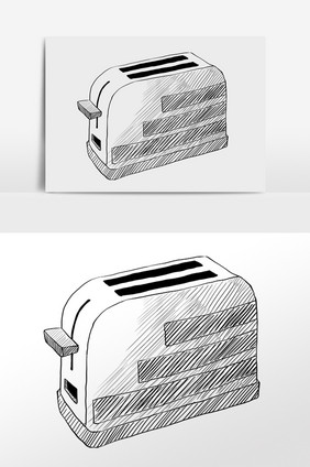 手绘黑色线描厨具面包机插画