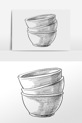 手绘黑色线描厨具碗插画