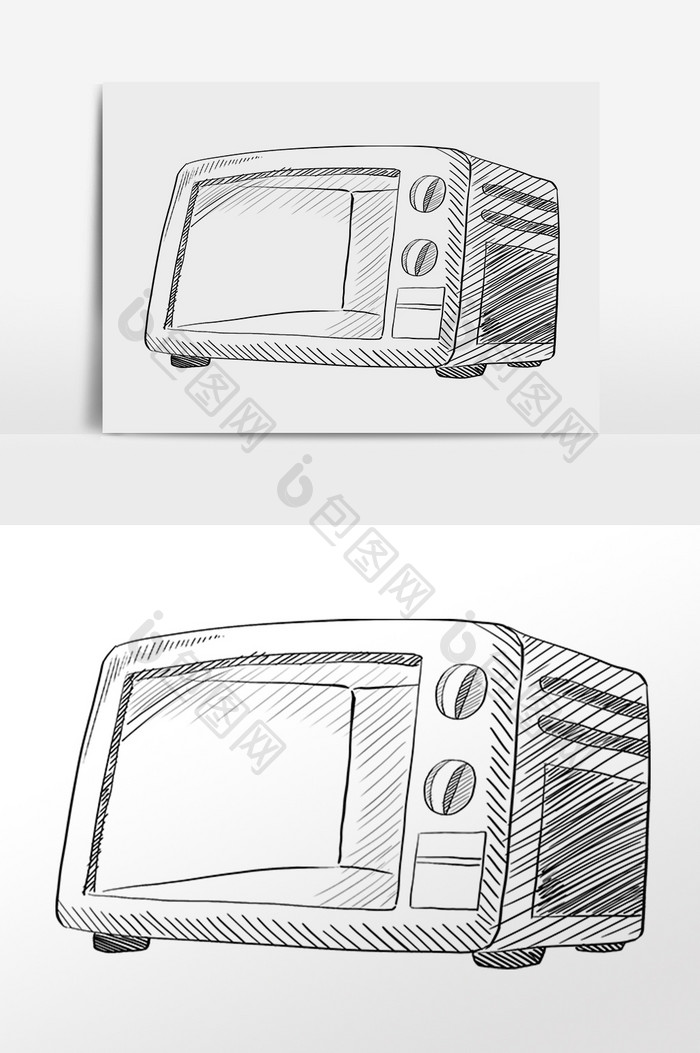 手绘黑色线描厨具微波炉插画