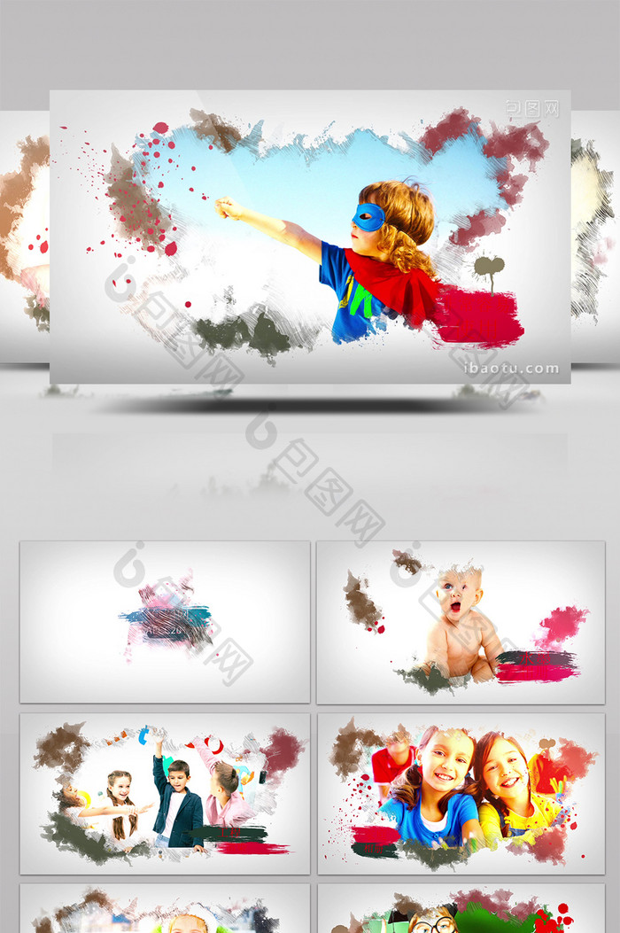 多彩水墨渲染儿童家庭相册展示AE模板