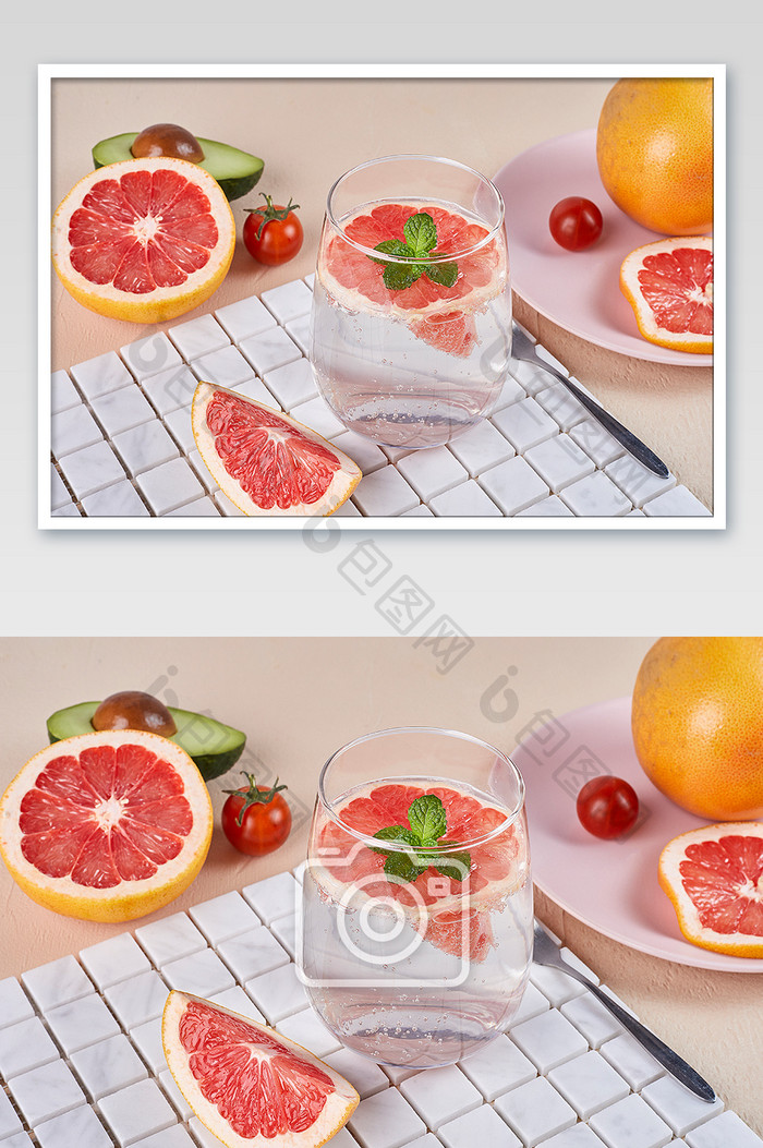 汽水饮料红色柚子西柚水果新鲜美食摄影图片