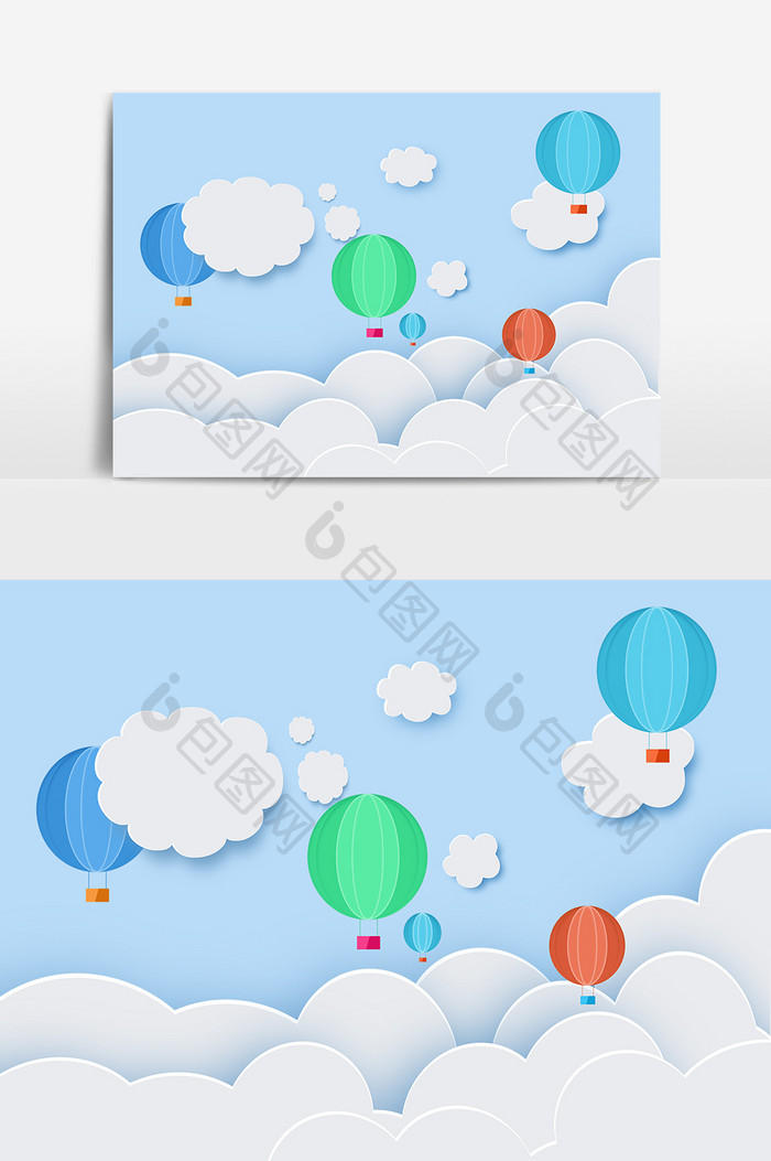 卡通折纸云朵天空热气球元素