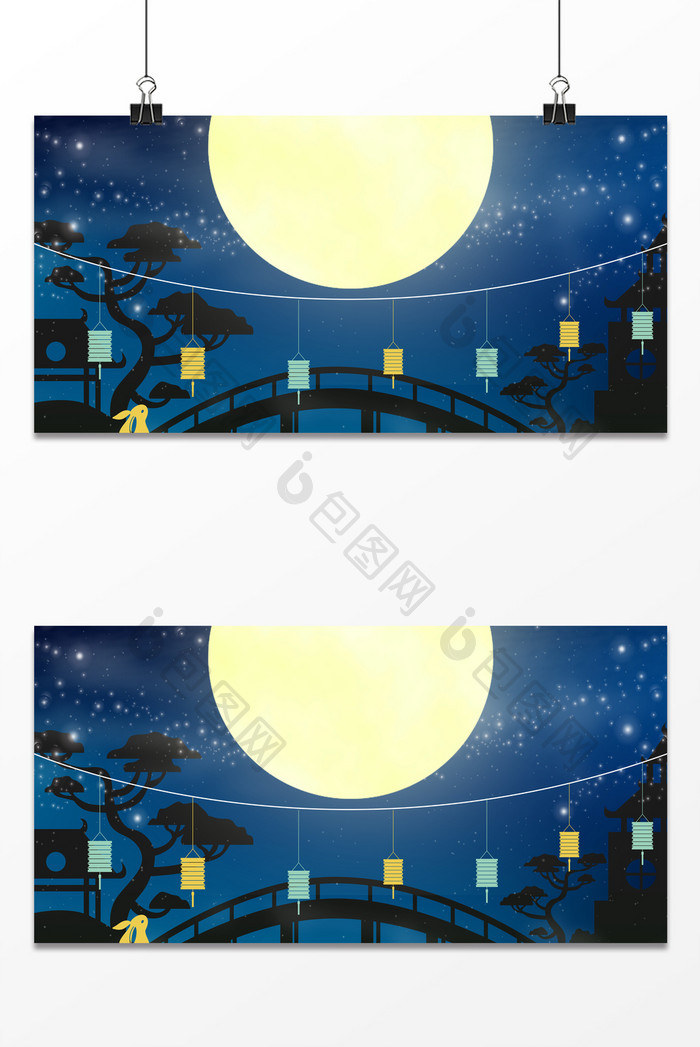 月亮鹊桥玉兔灯笼中秋插画中国风背景