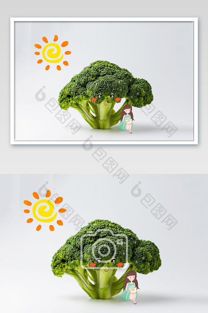 在西兰花树下乘凉的小姑娘创意摄影插画