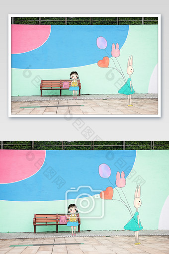 放学回家的小孩和兔子小姐在公园创意插画图片