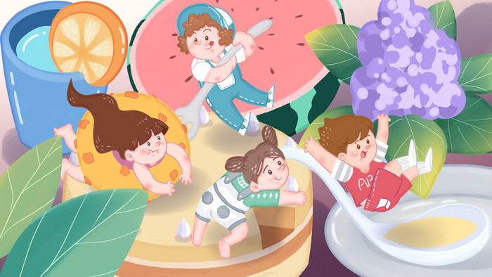 GIF六一儿童节美食孩子戏闹点心动态插画